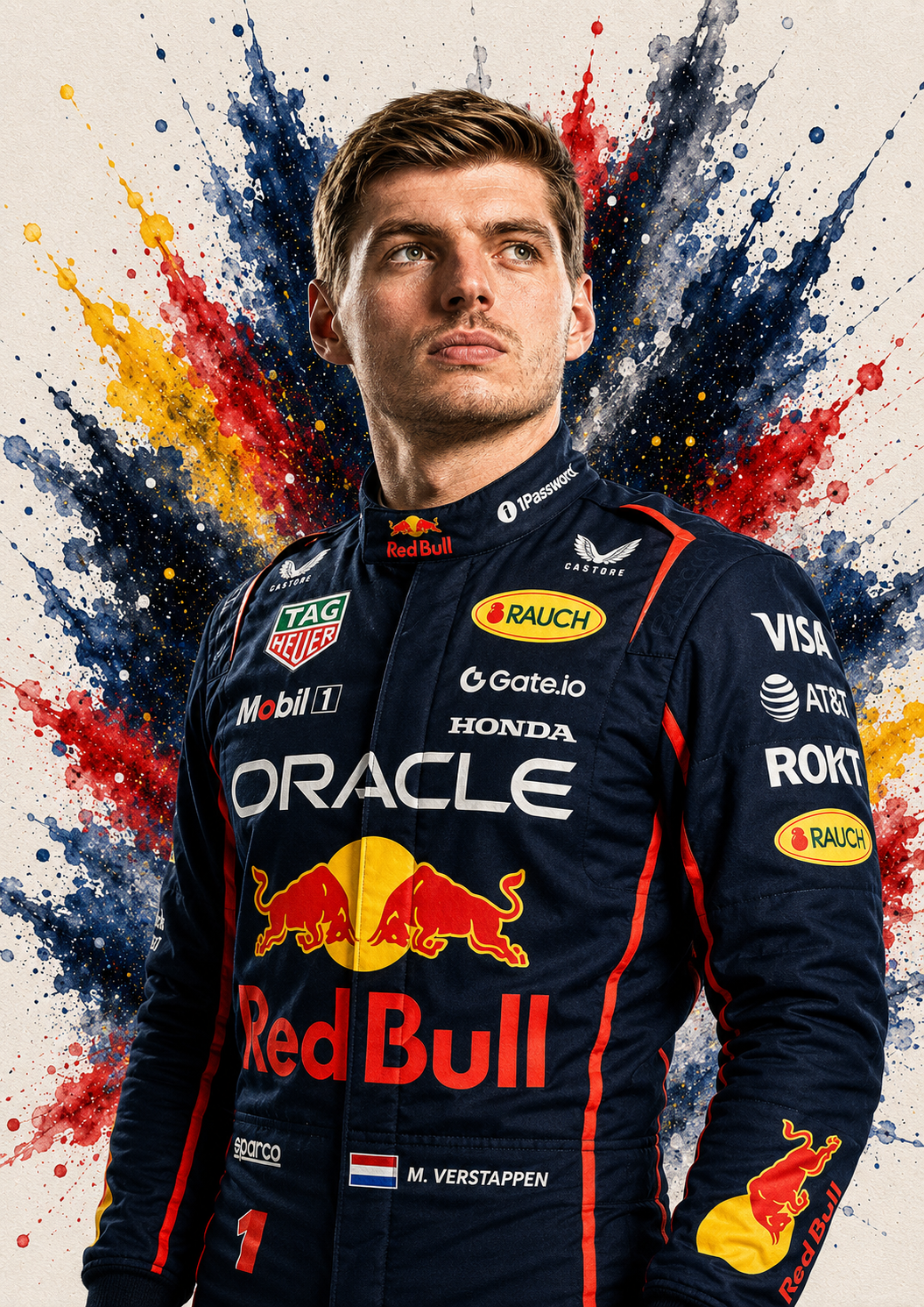 Original F1 driver art print of Max Verstappen in Red Bull colours