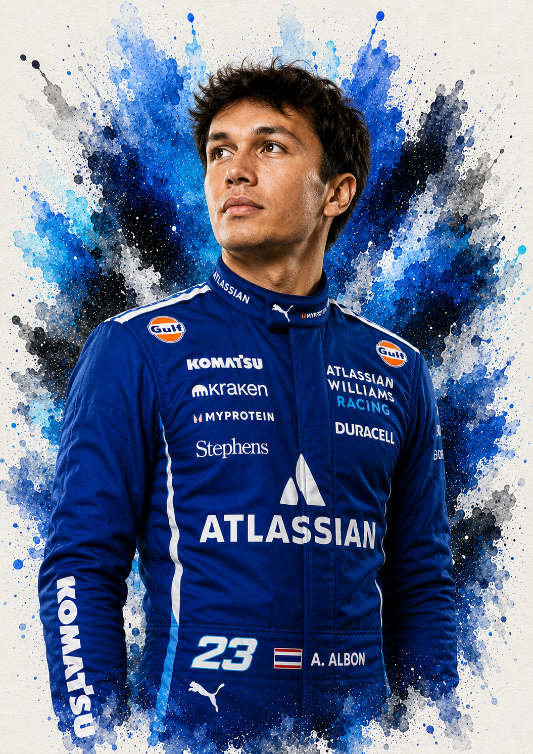 Original F1 driver art print of Alexander Albon in Williams colours