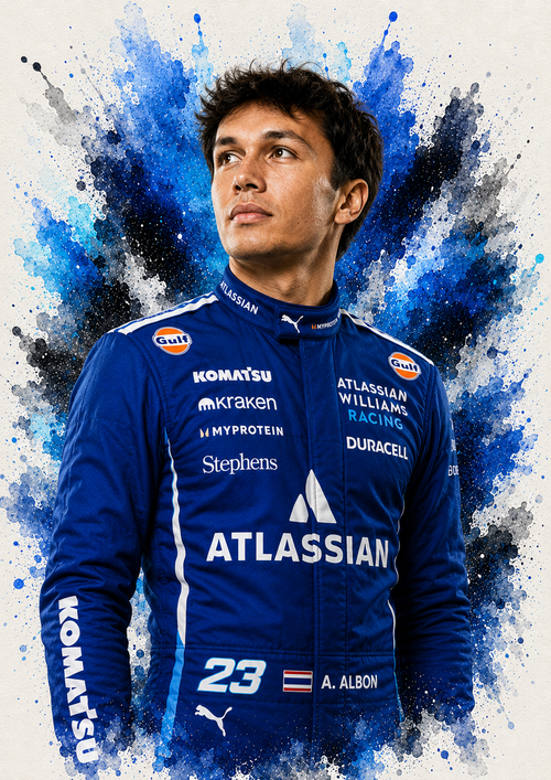 Original F1 driver art print of Alexander Albon in Williams colours