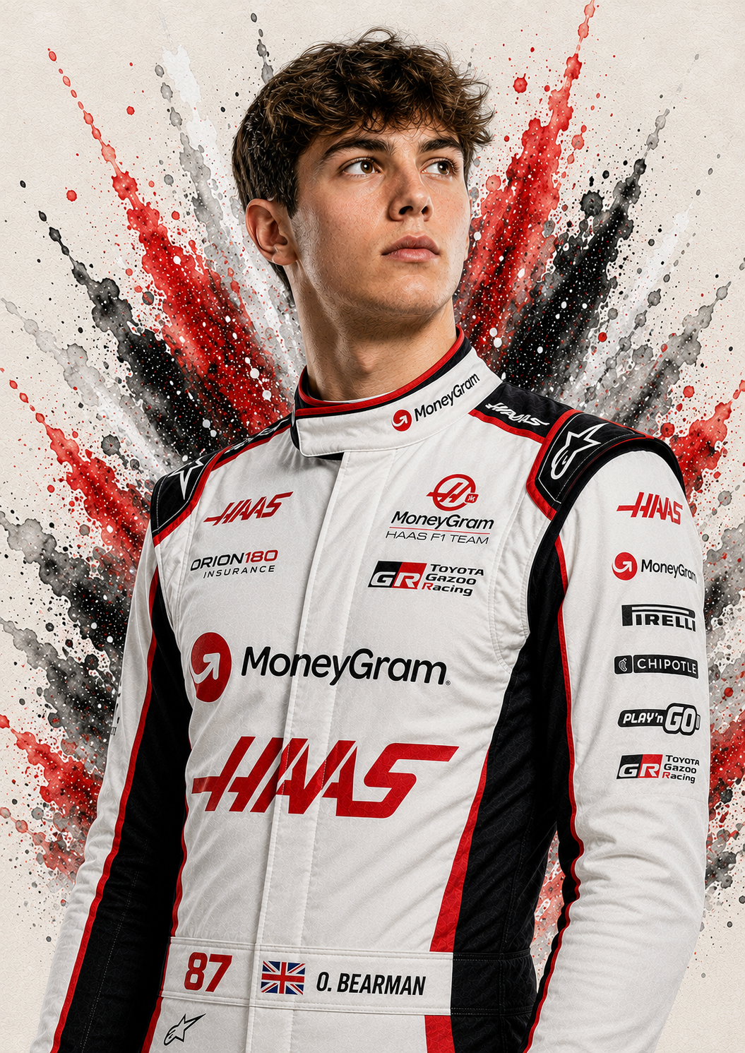 Original F1 driver art print of Ollie Bearman in Haas colours