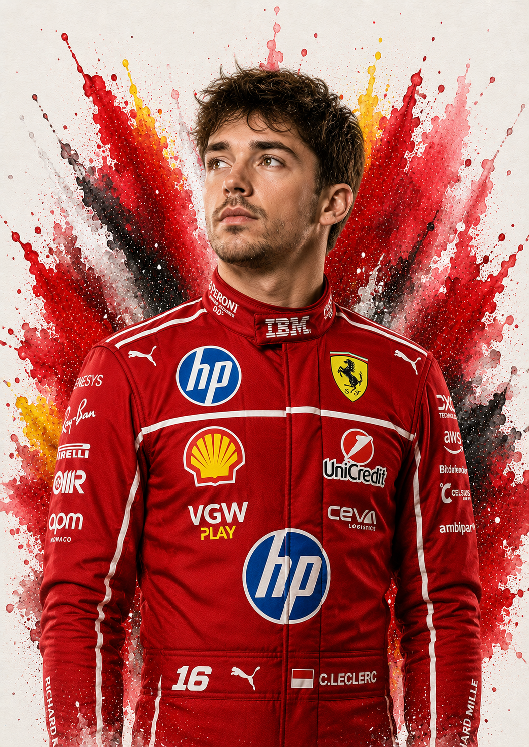 Original F1 driver art print of Charles Leclerc in Ferrari colours