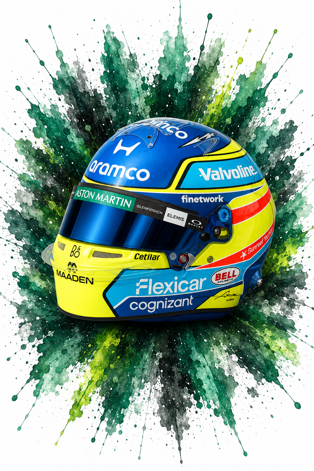 Original F1 helmet art print — Fernando Alonso helmet design