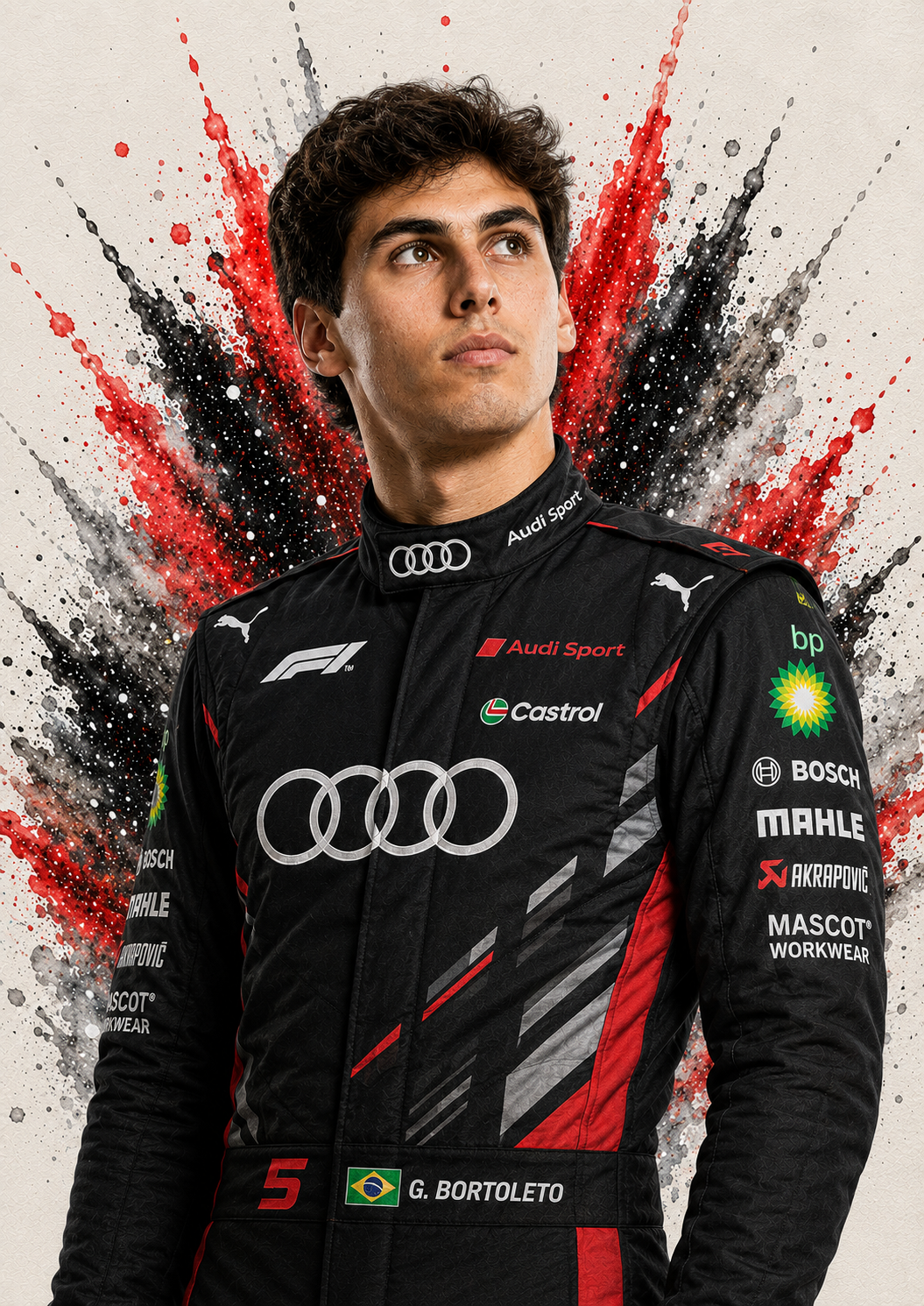 Original F1 driver art print of Gabriel Bortoleto in Audi colours