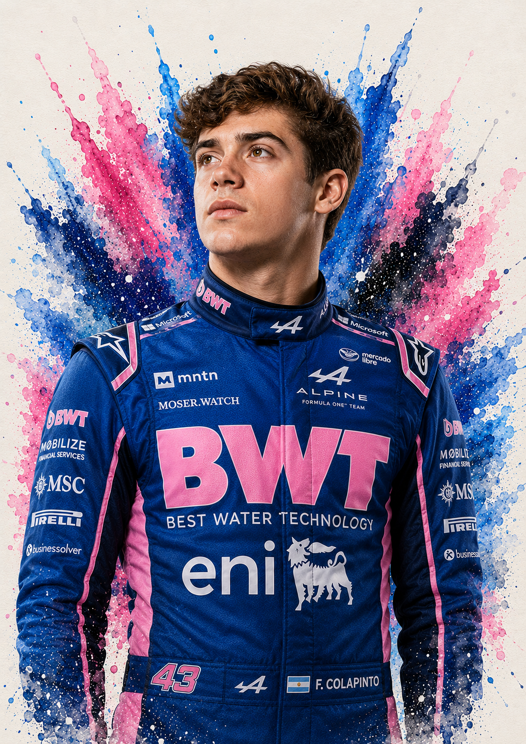 Original F1 driver art print of Franco Colapinto in Alpine colours