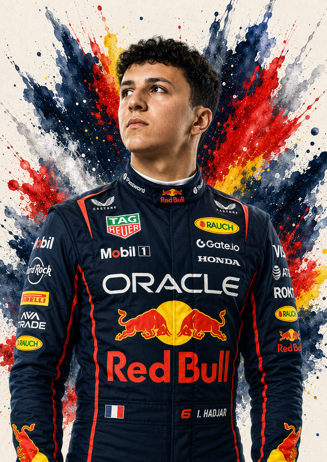 Original F1 driver art print of Isack Hadjar in Red Bull colours