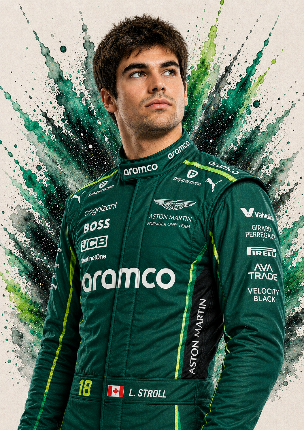 Original F1 driver art print of Lance Stroll in Aston Martin colours