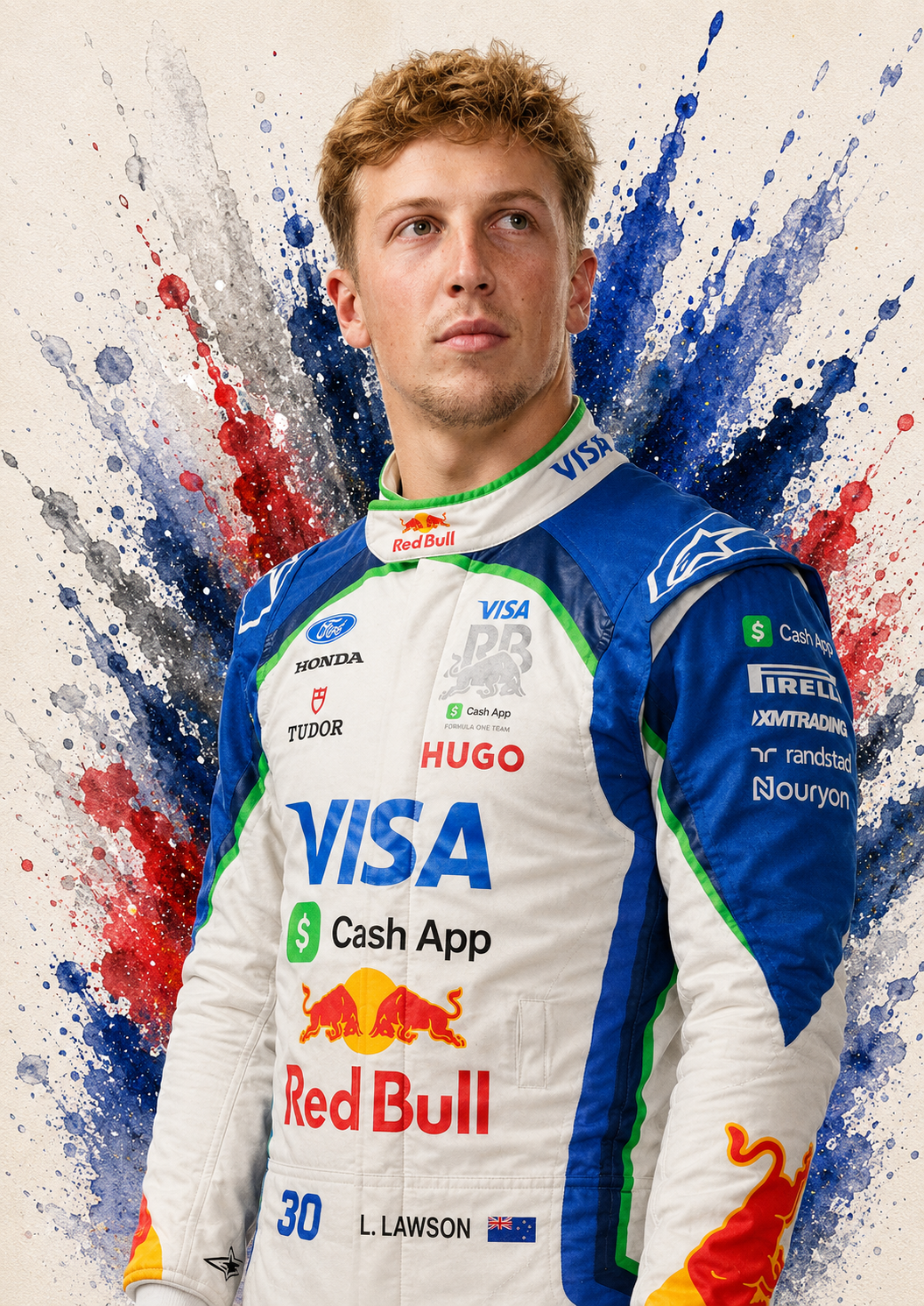 Original F1 driver art print of Liam Lawson in Racing Bulls colours