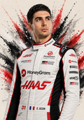 Original F1 driver art print of Esteban Ocon in Haas colours