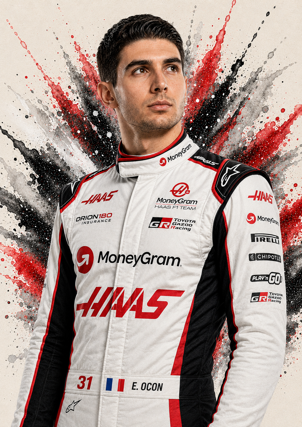 Original F1 driver art print of Esteban Ocon in Haas colours