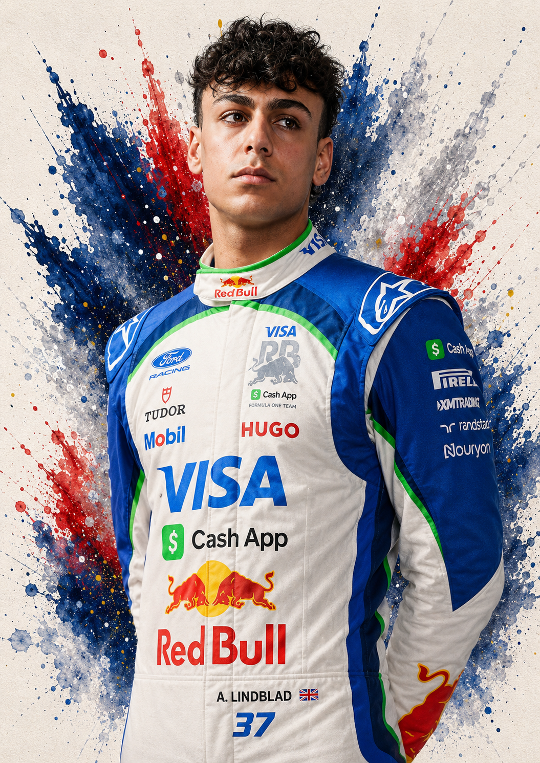 Original F1 driver art print of Arvid Lindblad in Racing Bulls colours