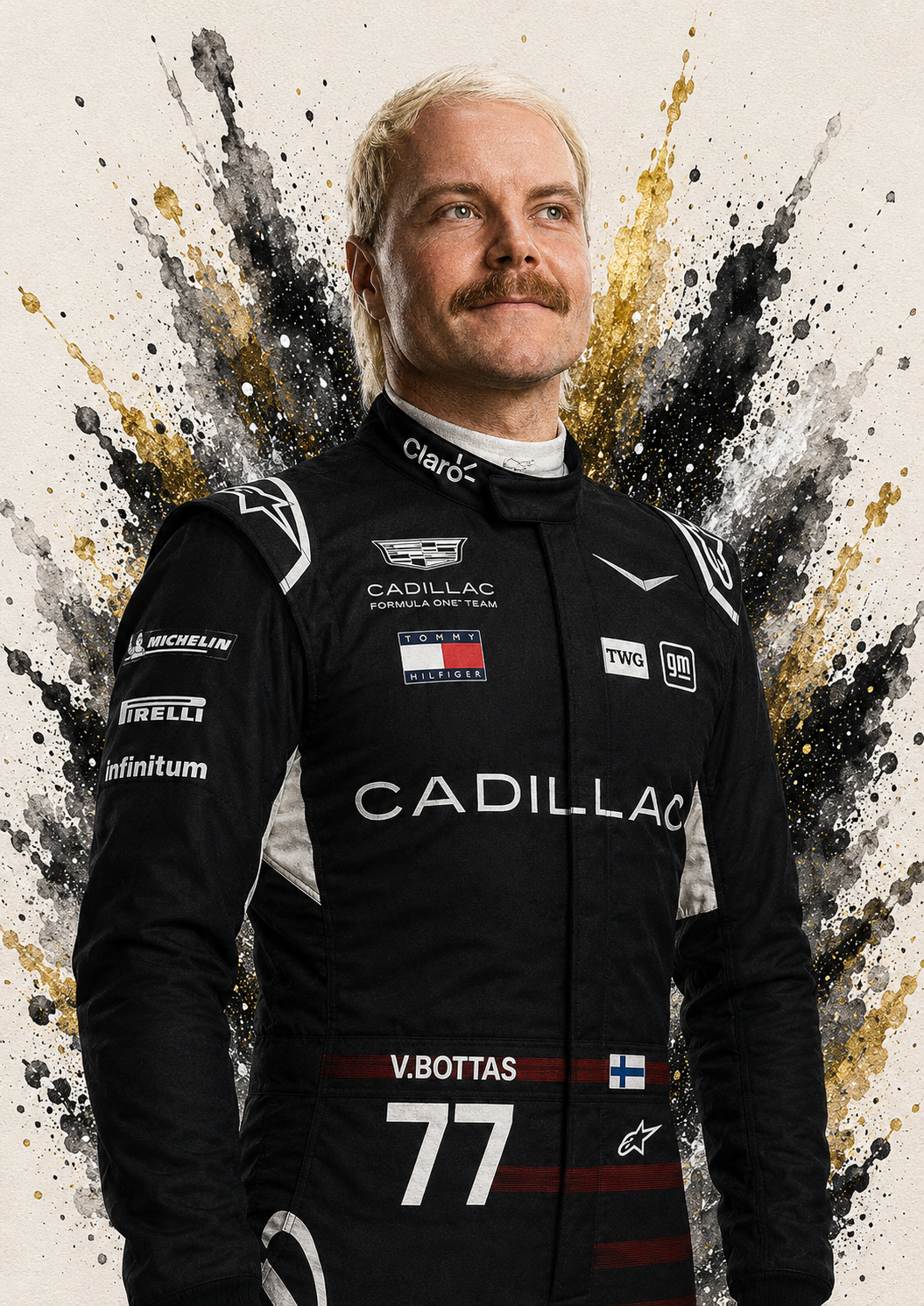 Original F1 driver art print of Valtteri Bottas in Cadillac colours