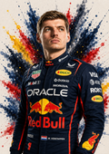Original F1 driver art print of Max Verstappen in Red Bull colours