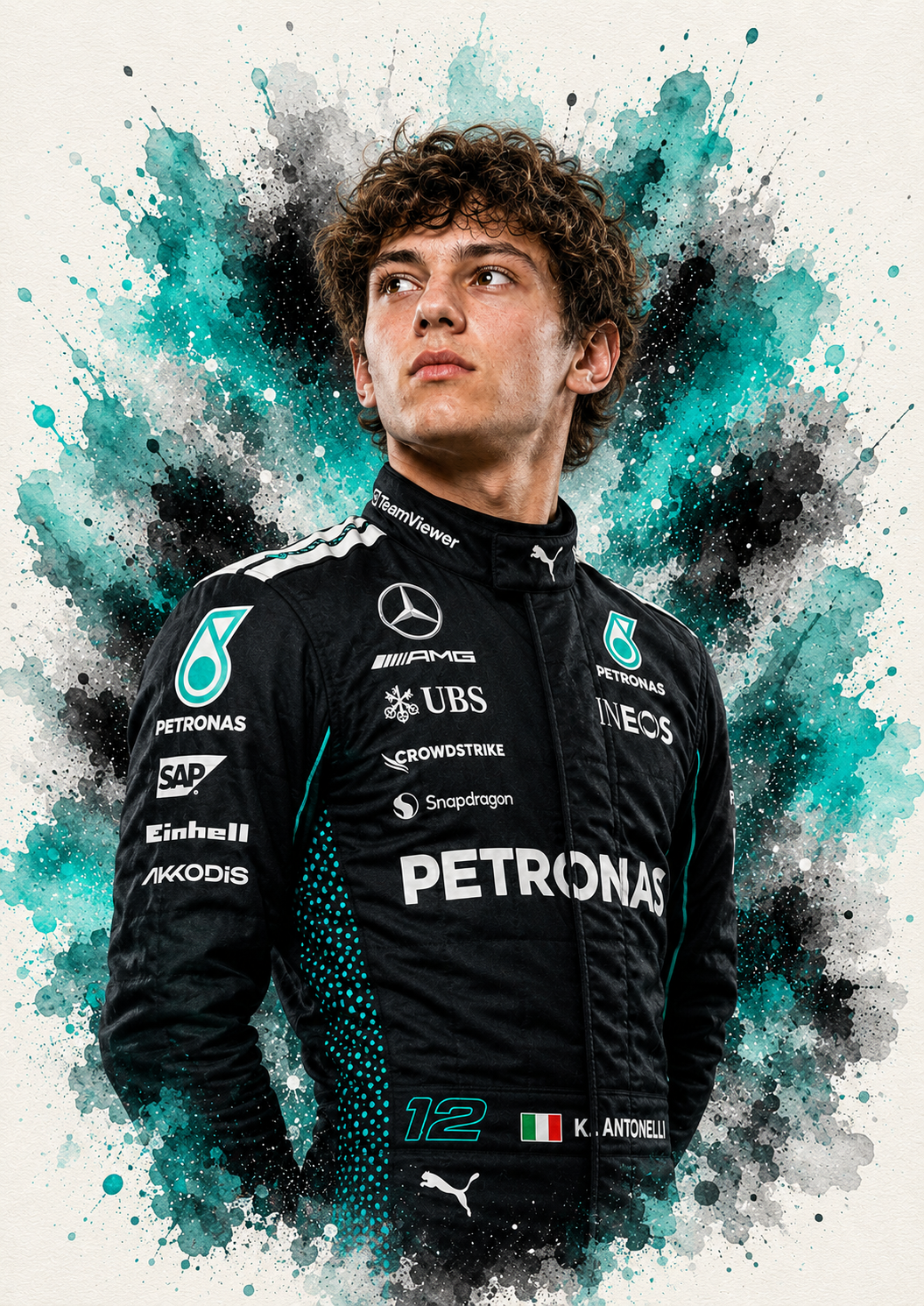 Original F1 driver art print of Kimi Antonelli in Mercedes colours