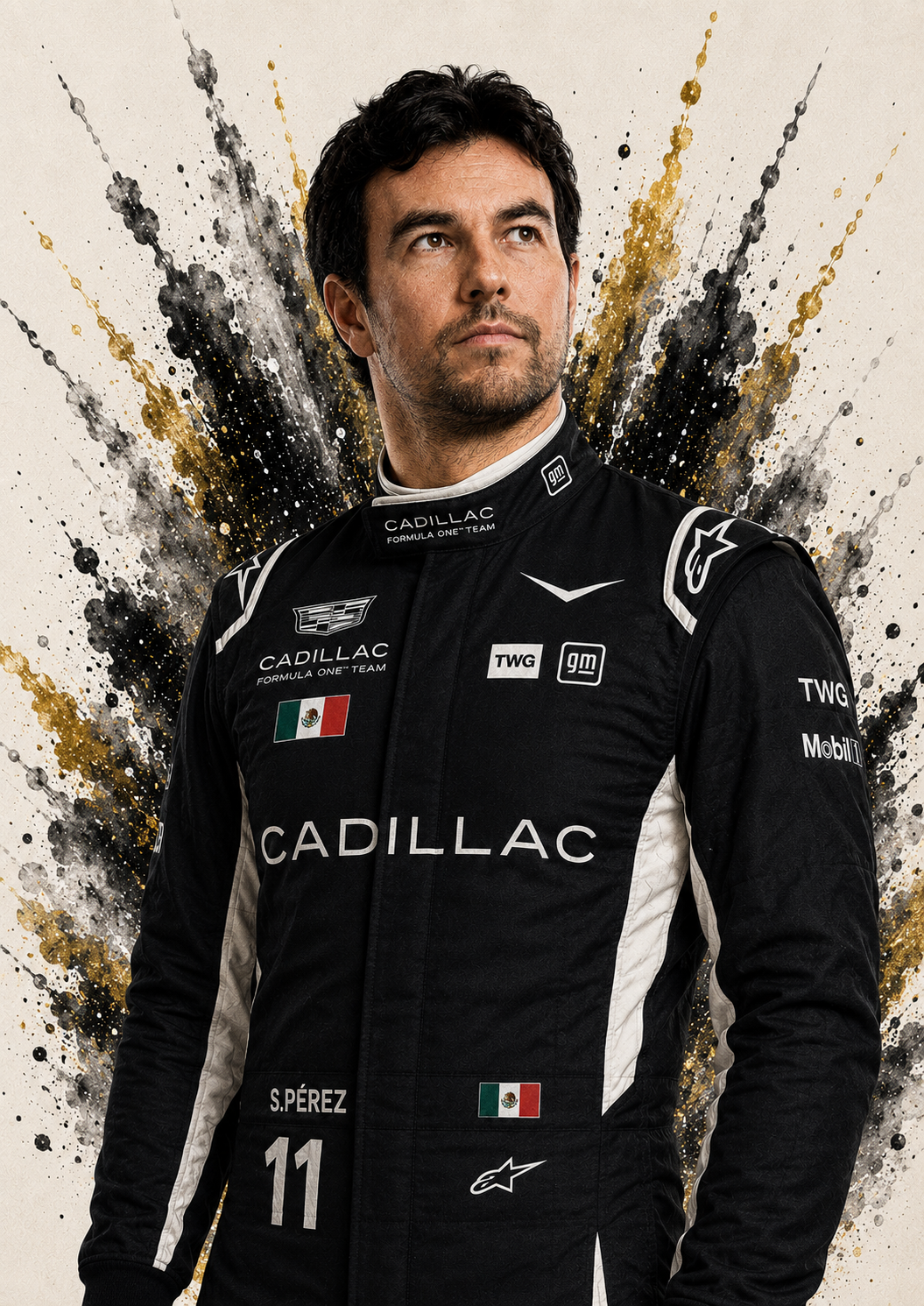 Original F1 driver art print of Sergio Pérez in Cadillac colours