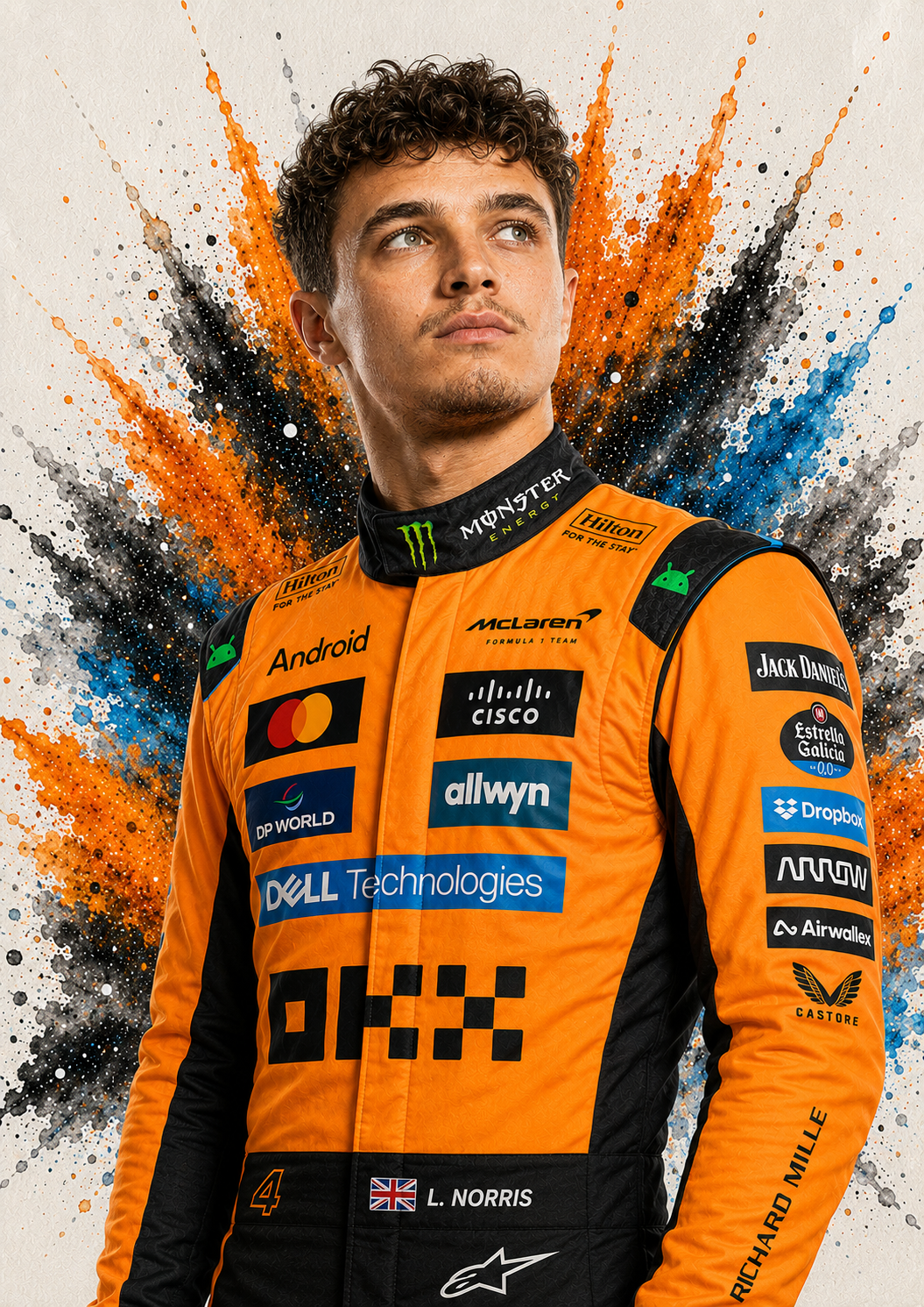 Original F1 driver art print of Lando Norris in McLaren colours