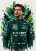 Original F1 driver art print of Fernando Alonso in Aston Martin colours