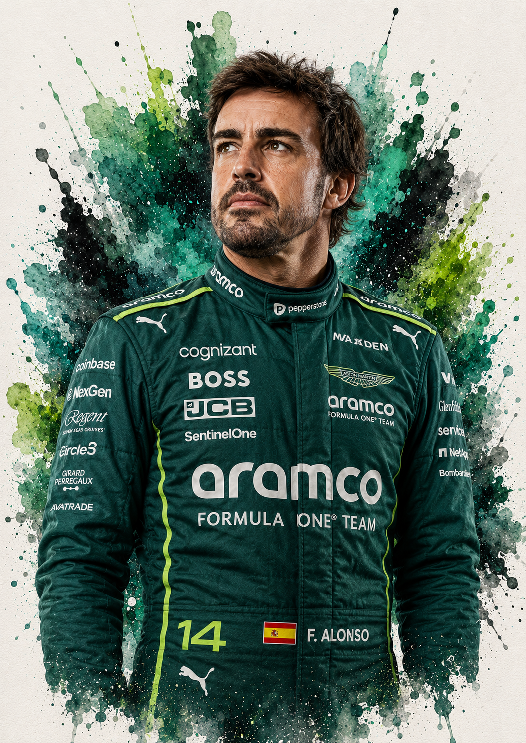 Original F1 driver art print of Fernando Alonso in Aston Martin colours
