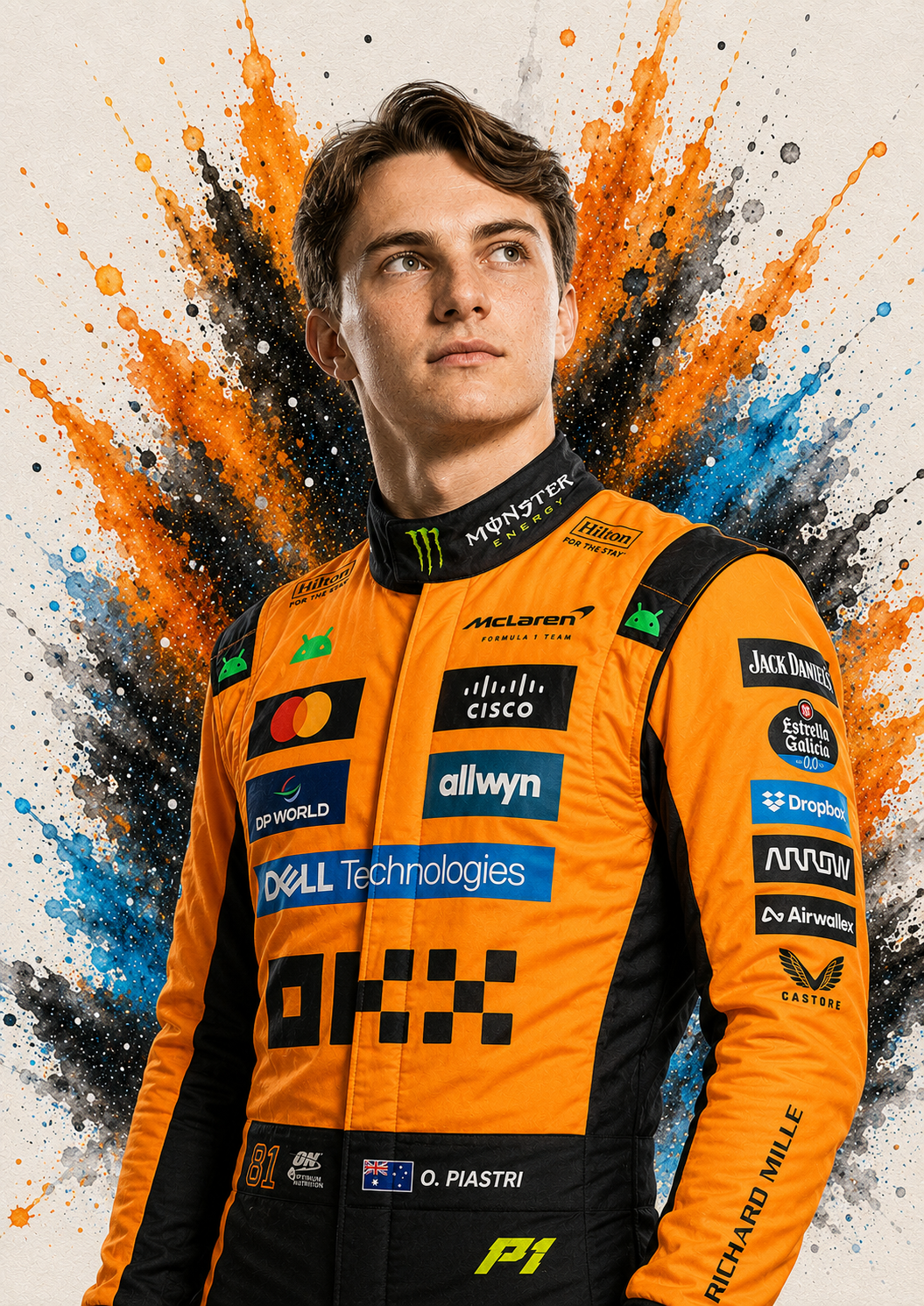 Original F1 driver art print of Oscar Piastri in McLaren colours