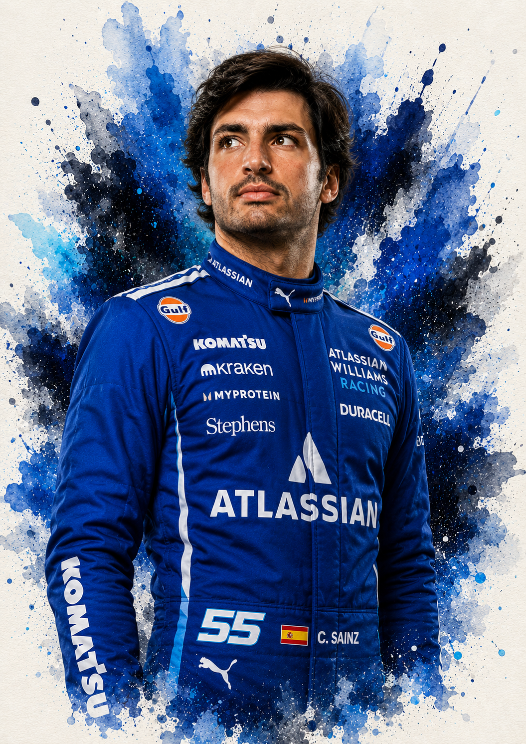 Original F1 driver art print of Carlos Sainz in Williams colours