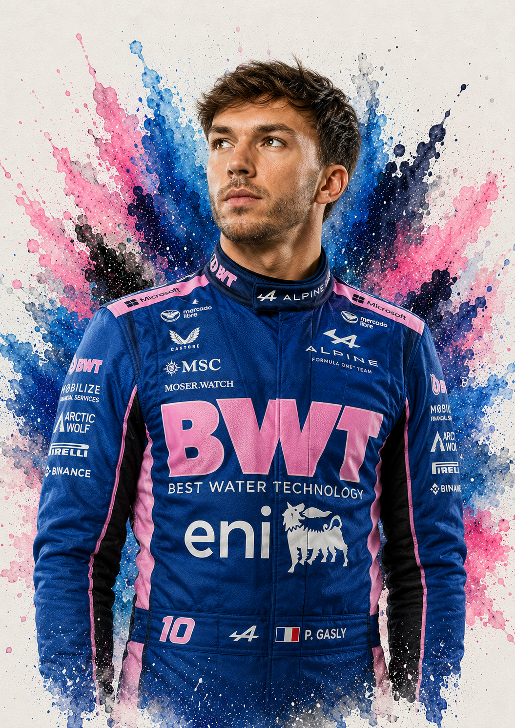 Original F1 driver art print of Pierre Gasly in Alpine colours