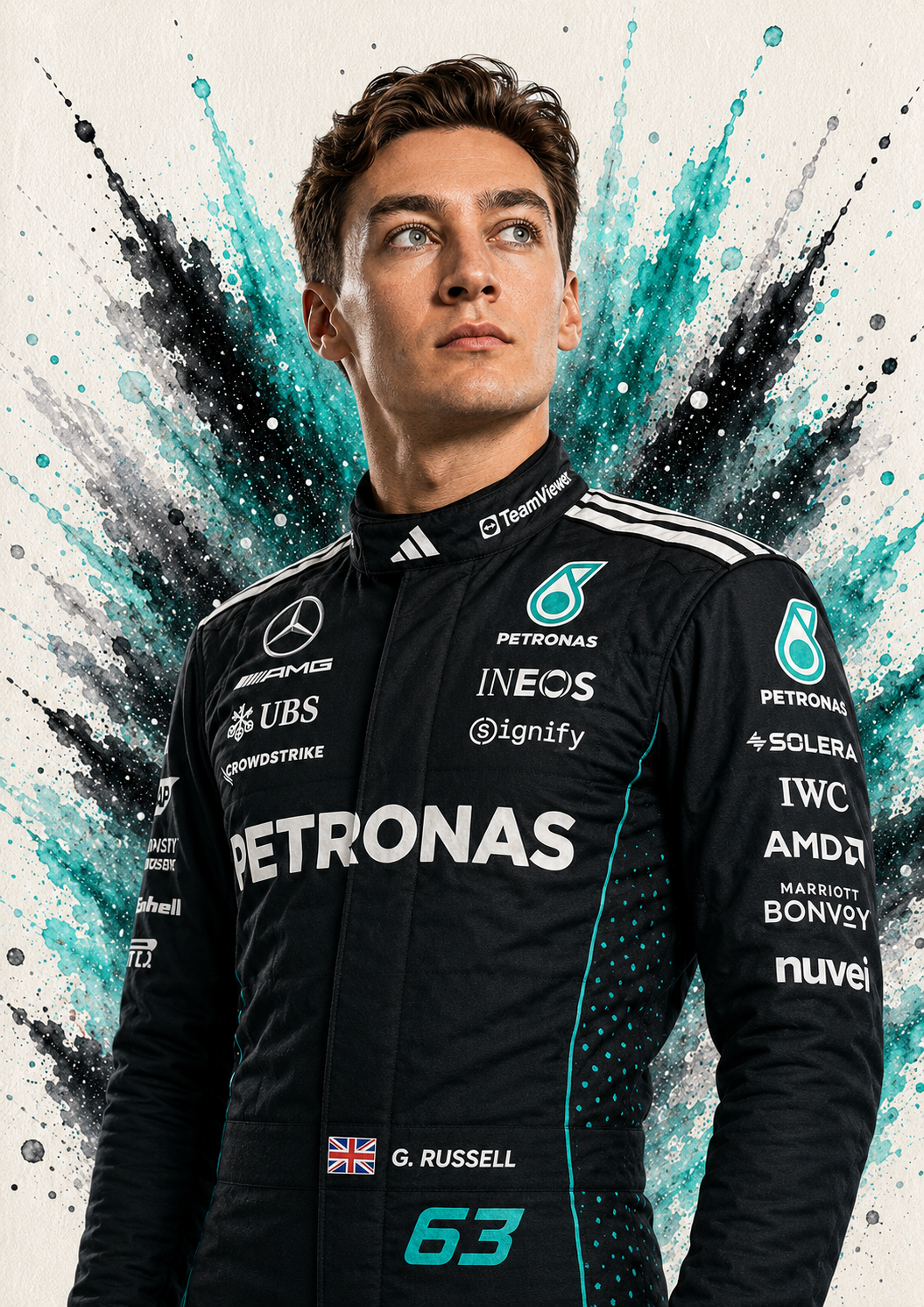 Original F1 driver art print of George Russell in Mercedes colours